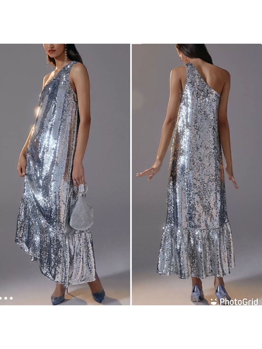 NEW Anthropologie Maeve Sequin One Shoulder Ruffle Midi Dress Silver